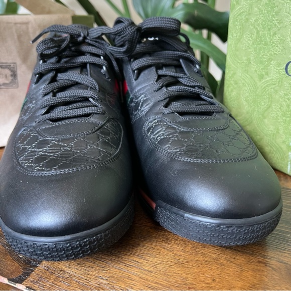 ❗️SOLD❗️GUCCI MicroGuccisima GG Web Detail  Black Leather Sneakers US14.5 - Picture 5 of 14